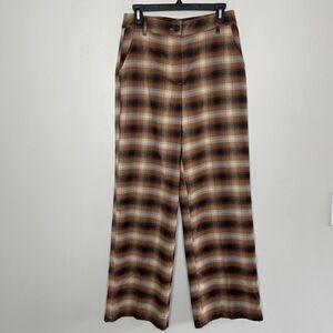 C&A Clockhouse Pants Womens 40 Brown Plaid Trousers NEW Straight Wide Leg 28" W
